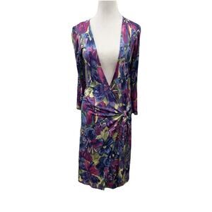 Winters Silk Dress Womens Small Silk Blend Floral Faux Wrap 3/4 Sleeve Colorful